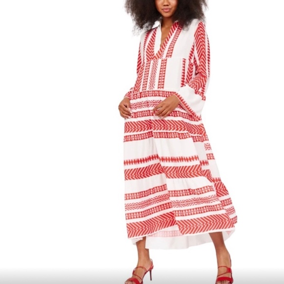 Silk And Salt Dress Aztec Print Boho Red White Midi Length Oversized Easy Fit - Picture 3 of 16